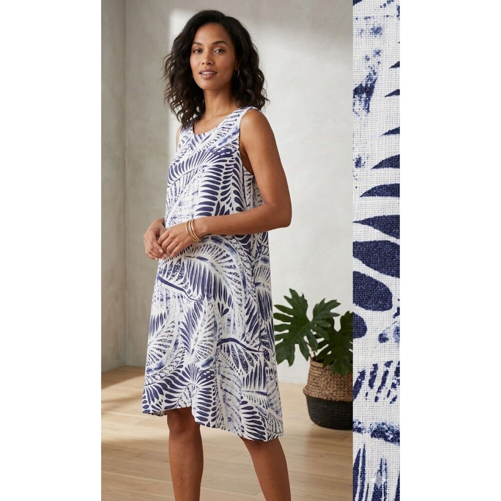 Tahari Women's XL 100% Linen Tank Mini Dress Blue White Tropical Print Vacation